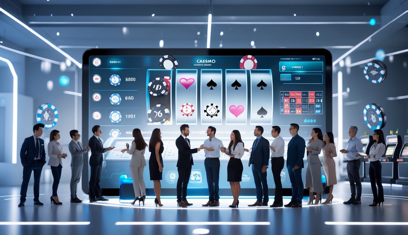 Orang-orang berinteraksi dengan antarmuka kasino online modern yang menampilkan berbagai ikon permainan kasino.