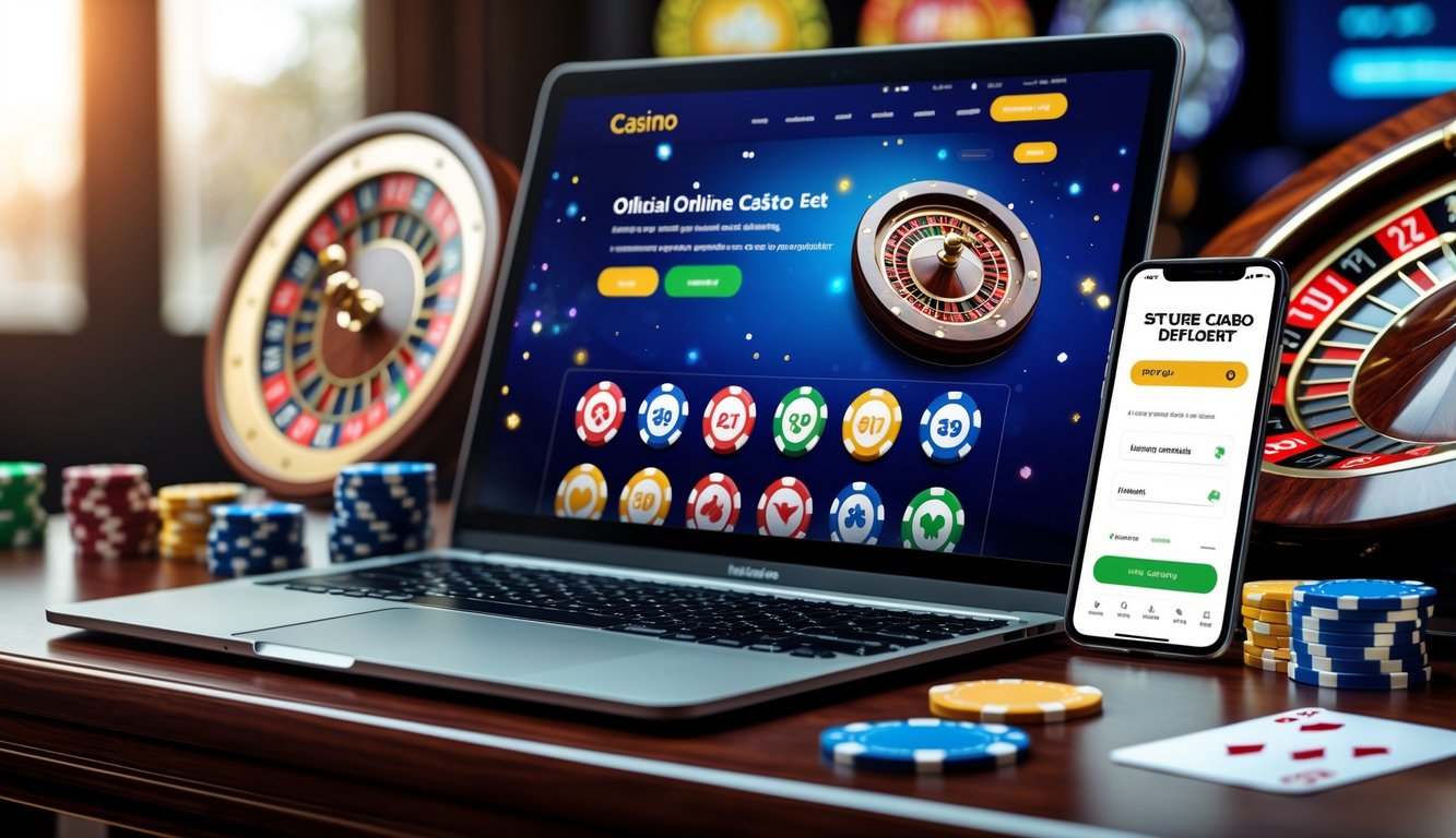 Sebuah laptop dan ponsel di atas meja kayu menampilkan situs kasino online dengan ikon permainan dan layar transaksi deposit cepat, dikelilingi chip poker dan kartu remi.
