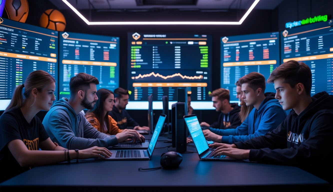 Sekelompok orang muda menggunakan perangkat digital di ruang dengan layar besar menampilkan statistik dan peluang taruhan esports.