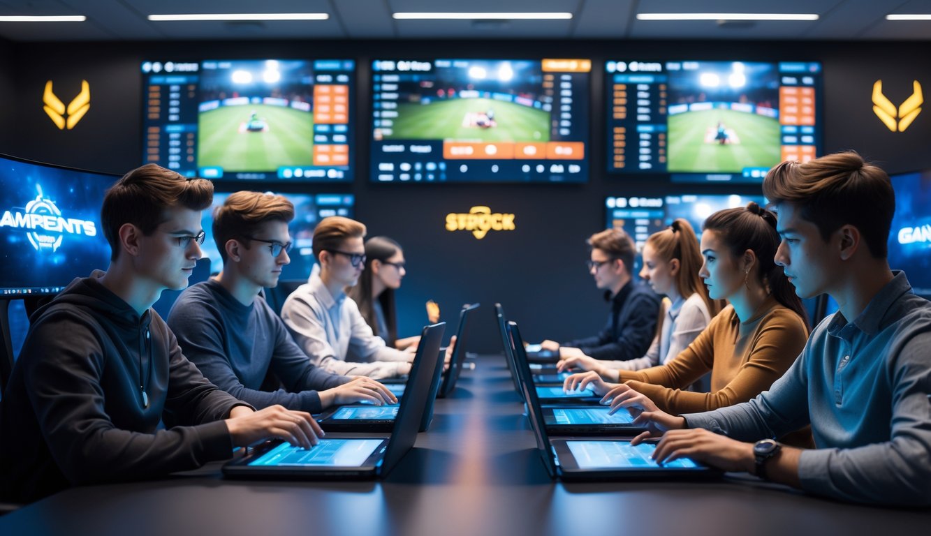Sekelompok orang muda sedang melihat layar komputer dan tablet dengan tampilan pertandingan esports dan grafik peluang taruhan di ruangan modern.