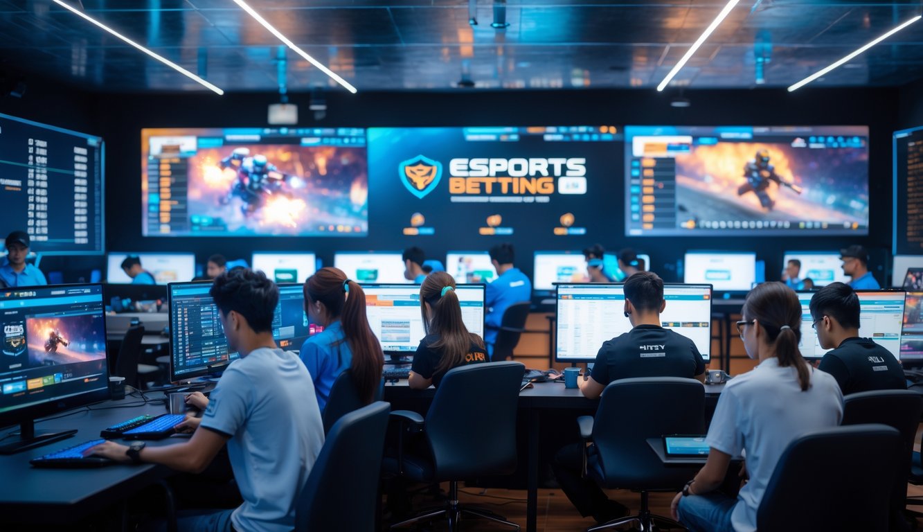 Beberapa orang muda sedang menggunakan komputer dan ponsel di ruangan modern untuk taruhan esports dengan suasana profesional.