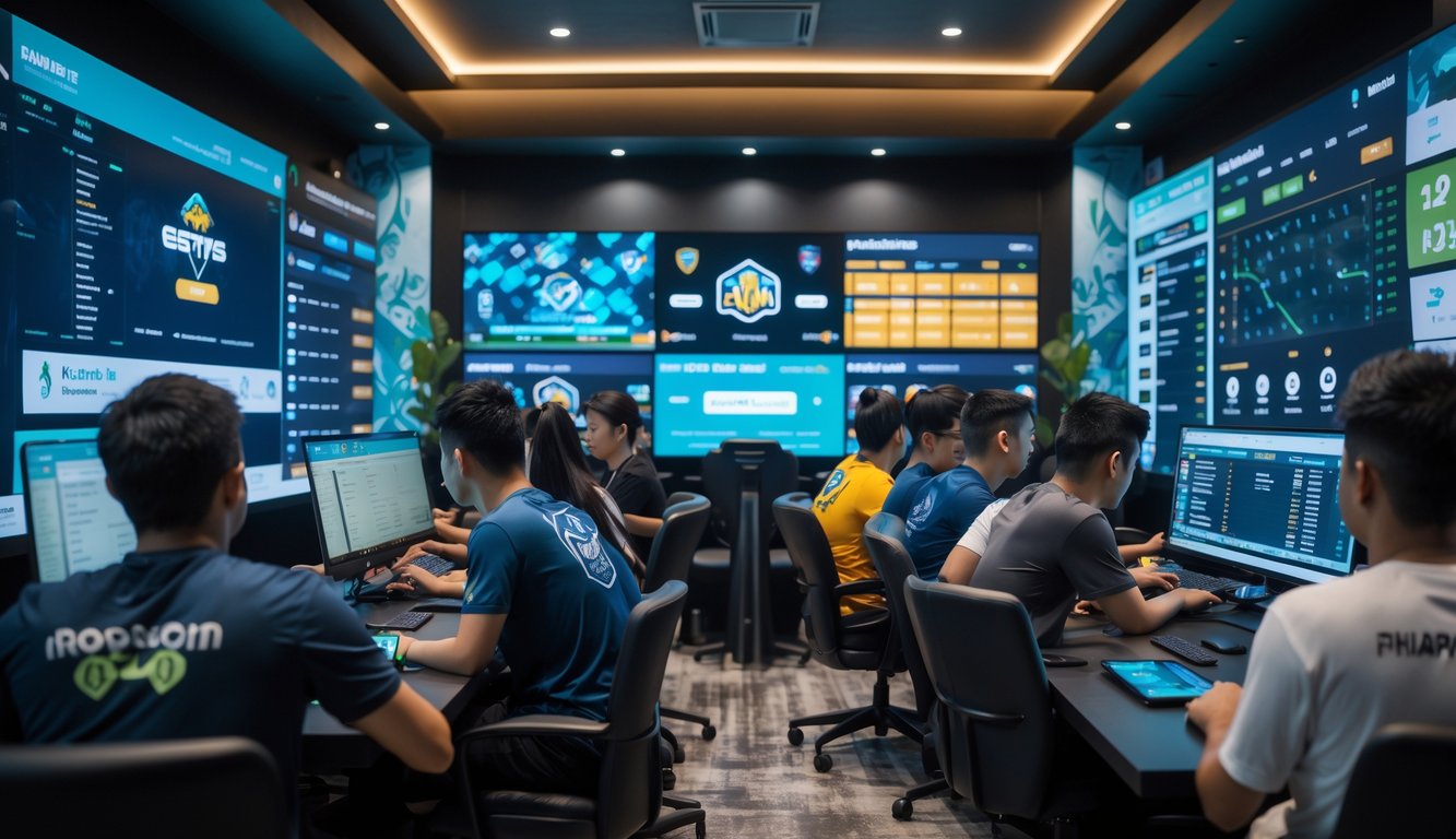 Sekelompok orang muda sedang fokus bermain dan memasang taruhan esports di sebuah ruang game modern dengan layar besar dan perangkat elektronik.