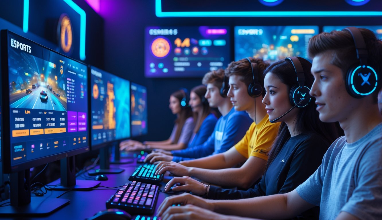 Sejumlah orang muda sedang fokus bermain dan bertaruh pada permainan esports dengan perangkat komputer dan ponsel di ruang gaming modern.