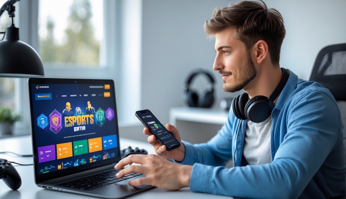 Seorang pria muda duduk di meja dengan laptop dan ponsel, sedang menggunakan situs taruhan esports resmi dengan suasana ruangan yang terang dan rapi.