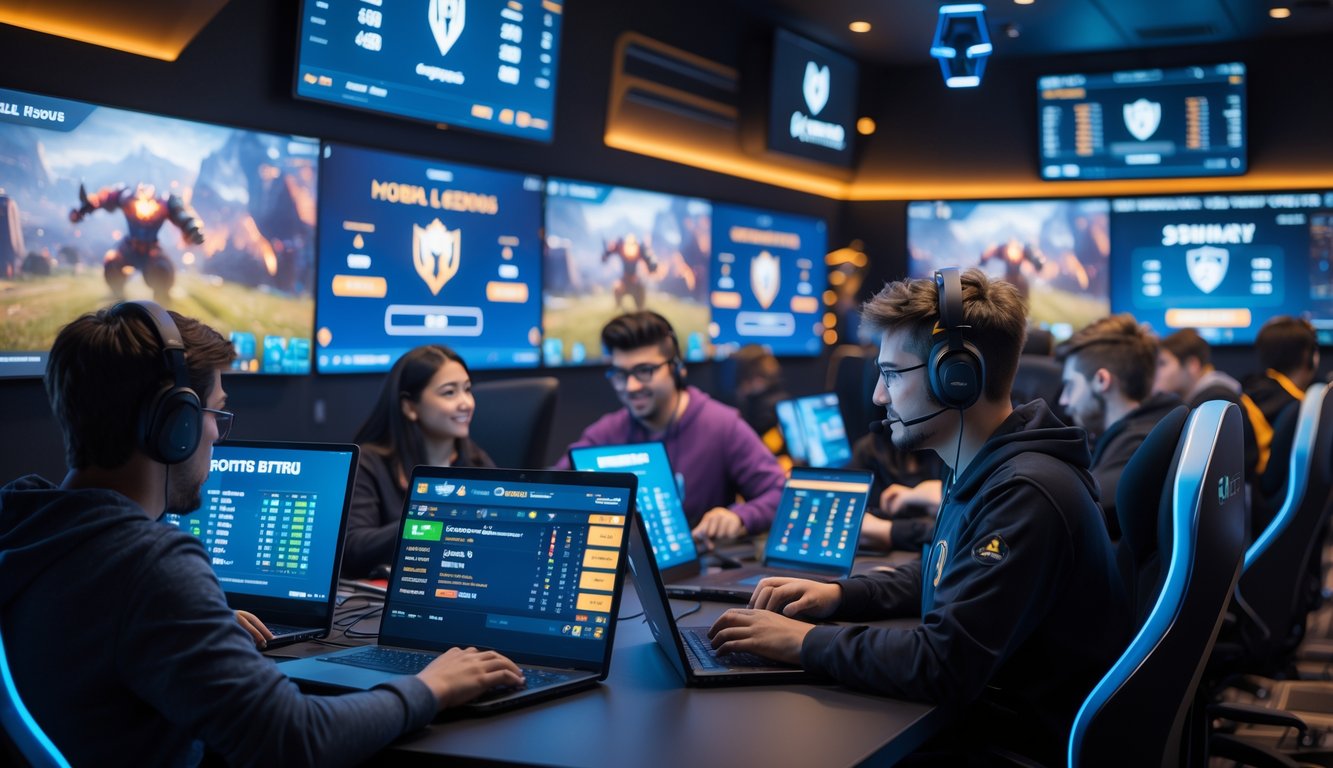 Suasana ruang taruhan esports resmi dengan orang-orang muda yang menggunakan perangkat elektronik sambil menonton pertandingan Mobile Legends dan Dota 2.