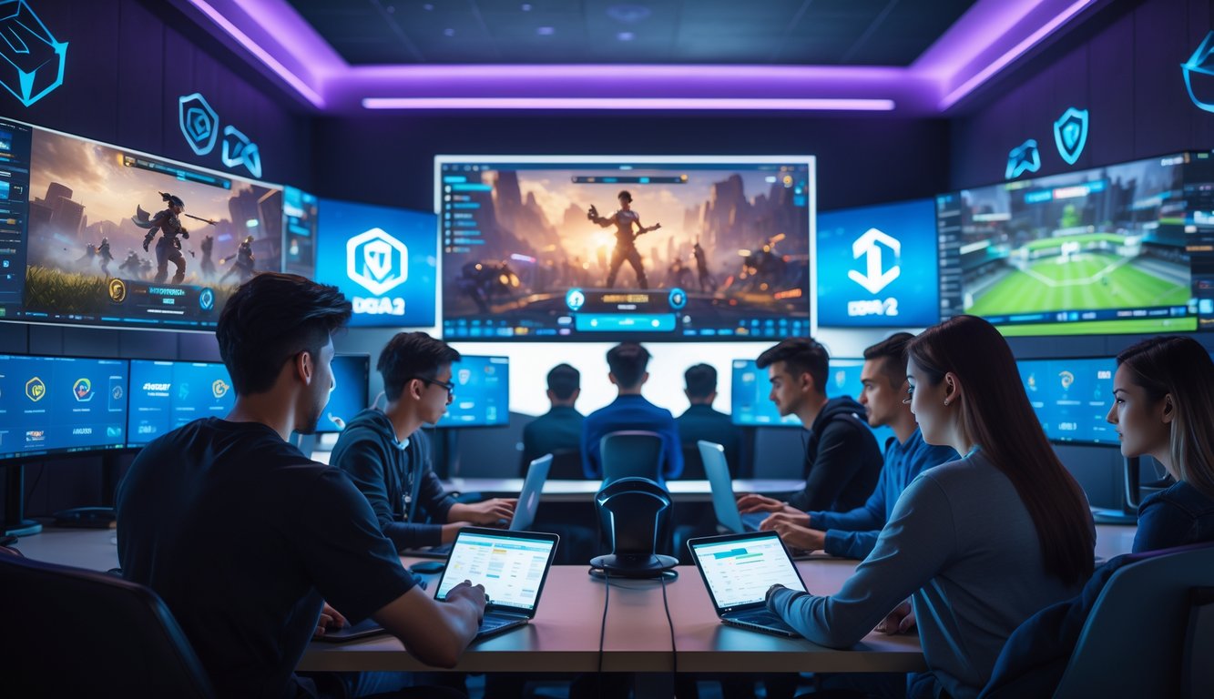 Sekelompok orang muda sedang menggunakan perangkat digital untuk memilih bandar taruhan esports resmi dengan latar monitor yang menampilkan permainan Mobile Legends dan Dota 2.
