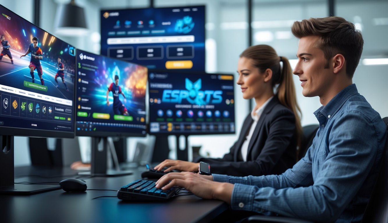 Dua orang muda sedang menggunakan komputer dan ponsel di ruang kantor modern dengan layar yang menampilkan permainan esports.