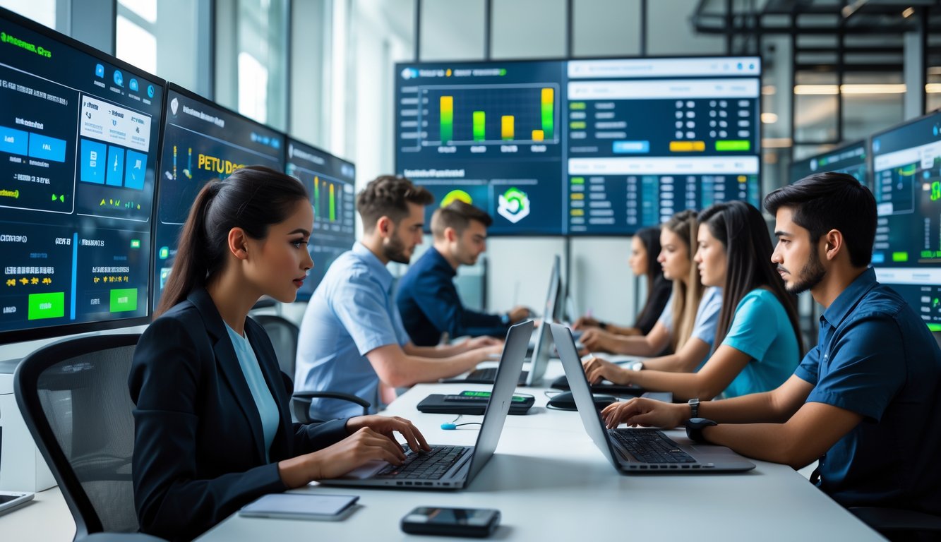 Sekelompok orang muda sedang menggunakan komputer dan ponsel di ruang kantor modern untuk bertaruh pada pertandingan esports resmi dan berlisensi.