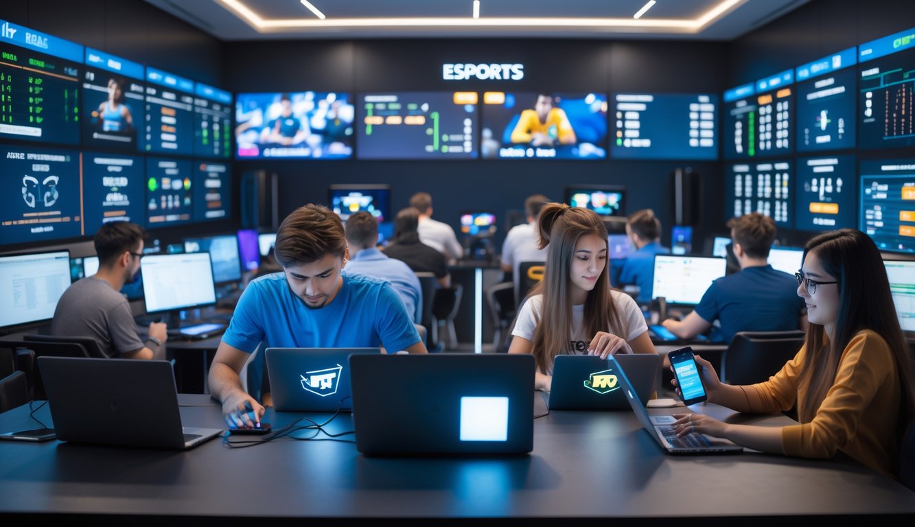 Beberapa orang muda sedang menggunakan perangkat digital untuk memasang taruhan esports di ruangan dengan layar besar yang menampilkan pertandingan dan data taruhan secara langsung.