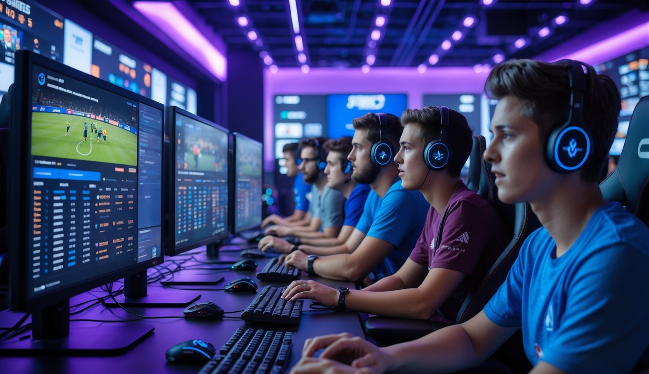 Sekelompok orang muda sedang fokus bermain dan memasang taruhan pada pertandingan esports secara langsung di sebuah ruang gaming modern.