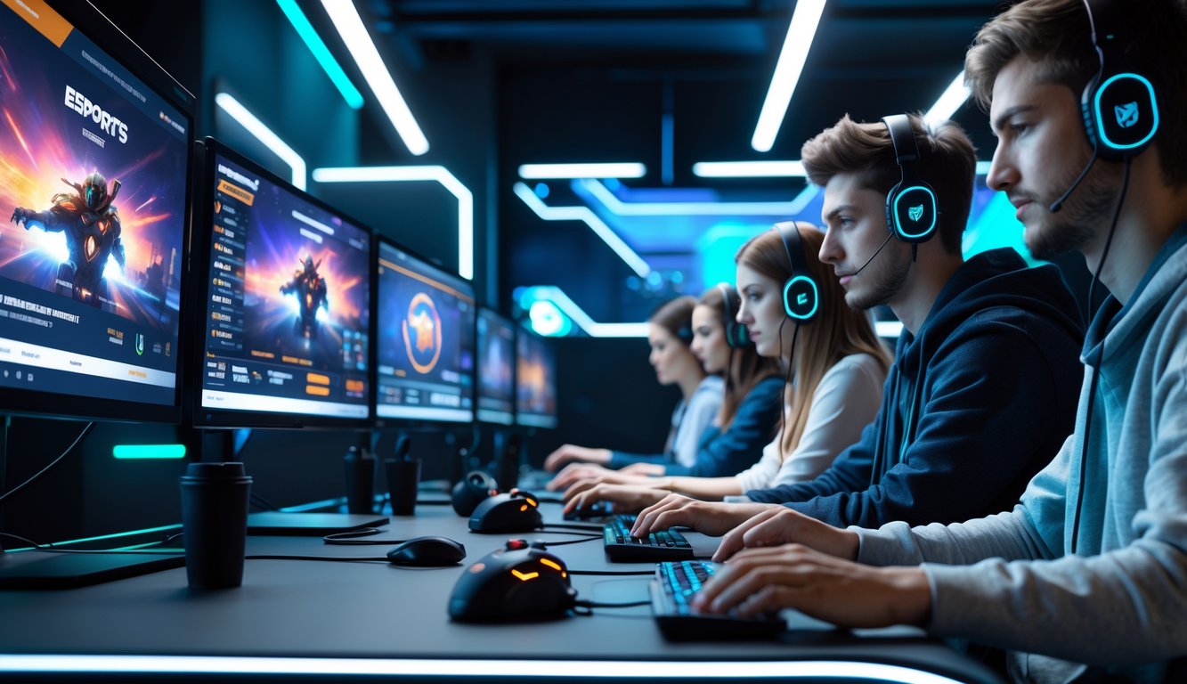 Sejumlah orang muda sedang menggunakan komputer dan ponsel untuk taruhan esports di ruang gaming modern dengan layar besar dan pencahayaan neon.