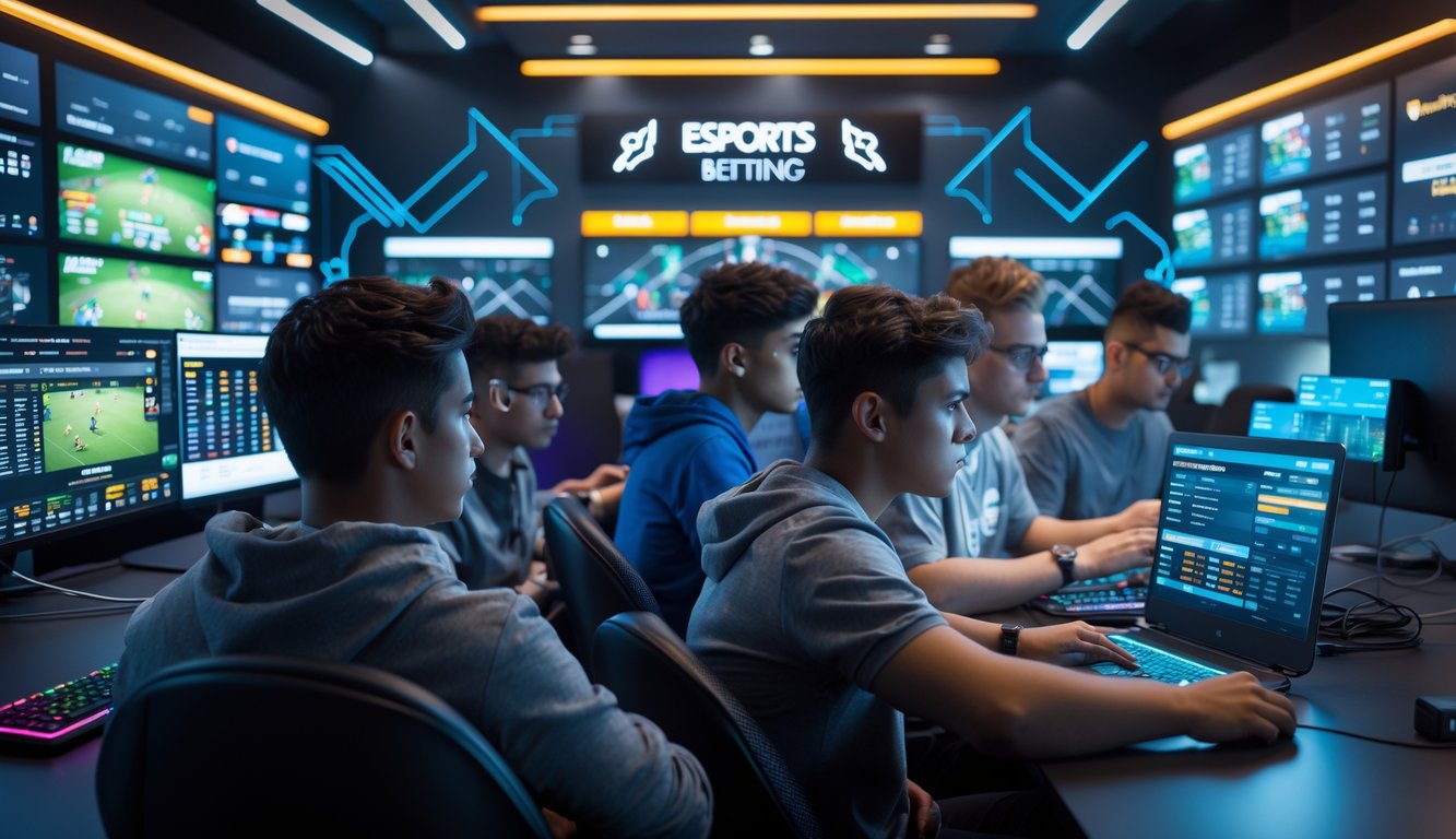 Beberapa orang muda menggunakan perangkat digital untuk melihat pertandingan esports dan platform taruhan dalam ruangan modern.