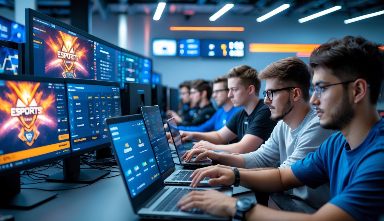 Beberapa orang muda sedang menggunakan komputer dan ponsel untuk memasang taruhan esports di sebuah ruang gaming modern.