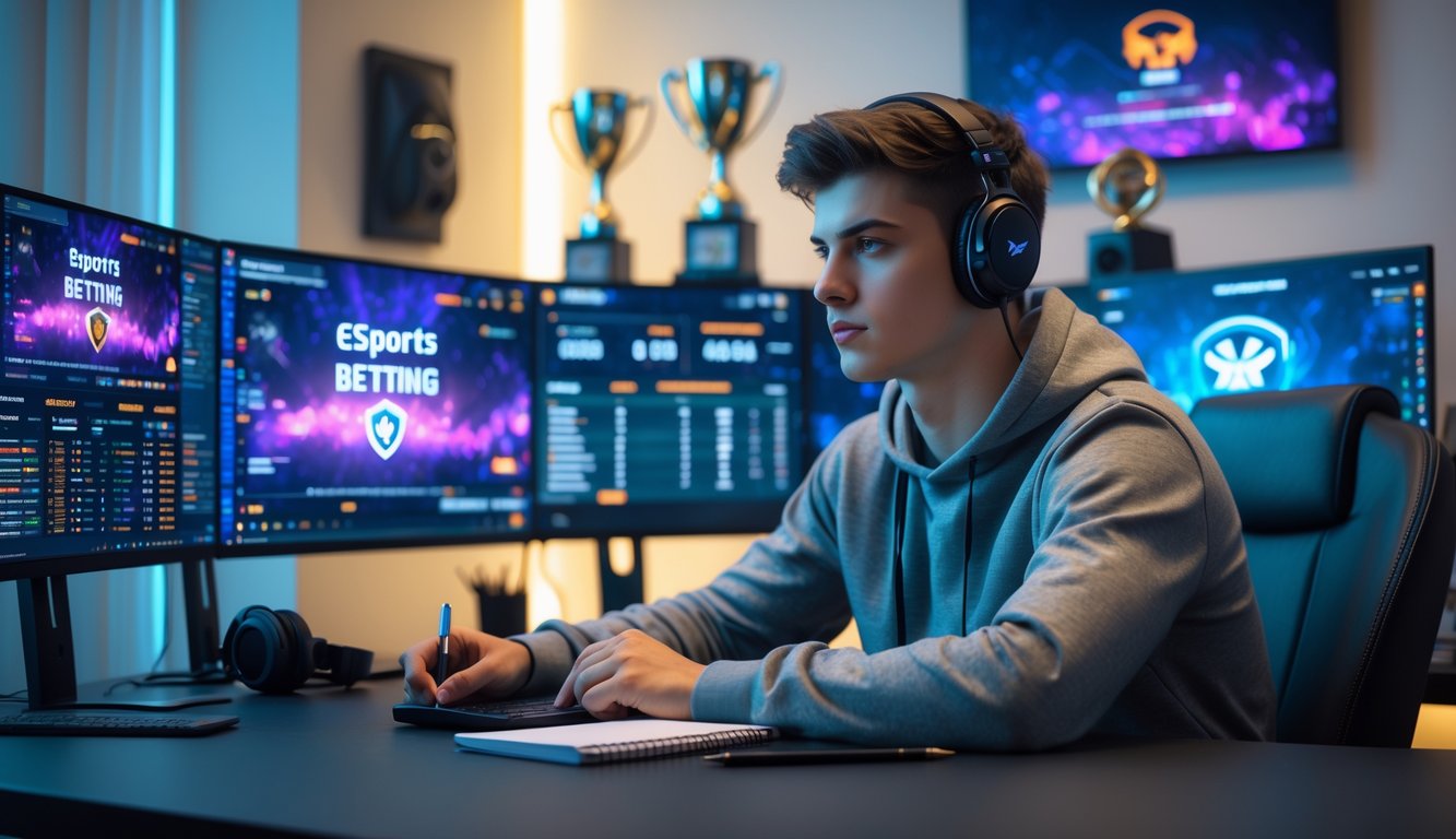 Seorang pria muda duduk di meja dengan beberapa monitor komputer yang menampilkan permainan esports dan data taruhan, terlihat fokus dan serius dalam suasana ruangan modern.