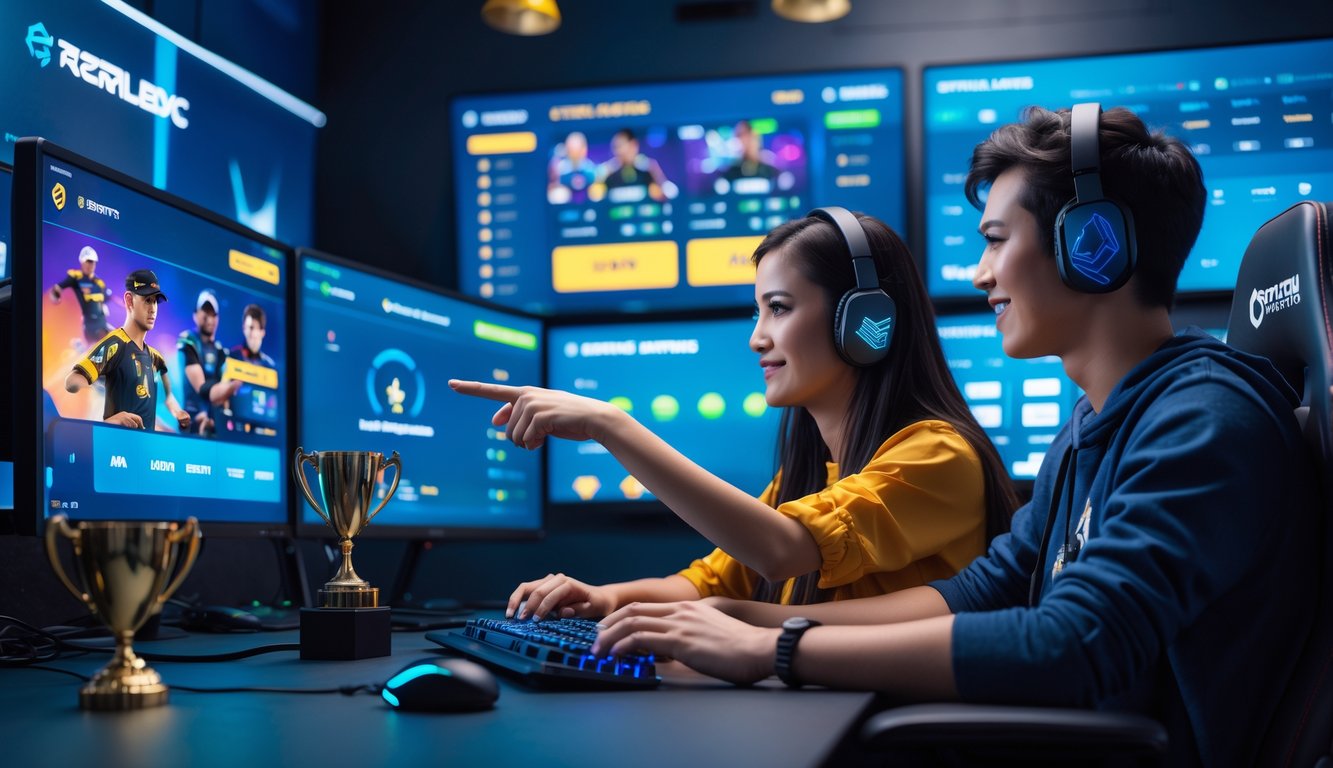 Dua orang muda duduk di depan komputer dengan layar yang menampilkan permainan esports dan peluang taruhan, sedang berdiskusi dan belajar bersama.