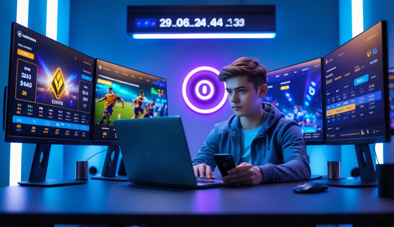 Seorang dewasa muda duduk di depan beberapa monitor yang menampilkan permainan esports dan informasi taruhan, menggunakan laptop dan ponsel di ruangan dengan pencahayaan biru dan ungu.