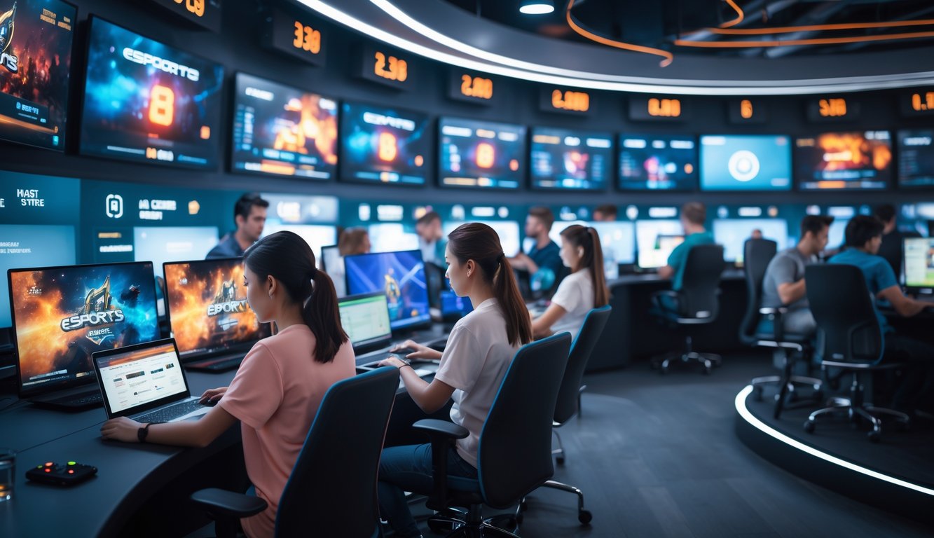 Beberapa orang muda menggunakan perangkat elektronik di sebuah ruang game modern dengan layar besar yang menampilkan permainan esports dan informasi taruhan.