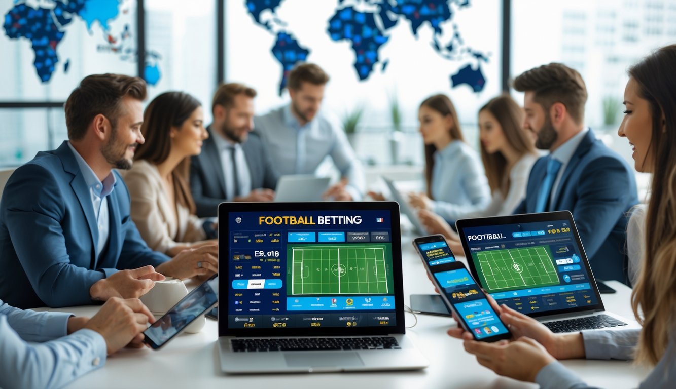 Orang-orang menggunakan perangkat digital untuk memasang taruhan bola di lingkungan modern yang terang dan profesional.