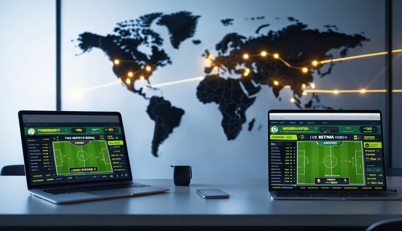 Meja kerja modern dengan beberapa perangkat digital menampilkan pertandingan sepak bola dan peluang taruhan, dengan latar belakang peta dunia yang menunjukkan koneksi global.