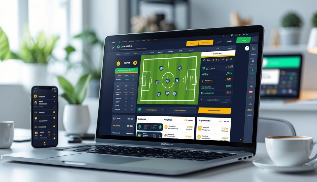Seseorang menggunakan laptop dan smartphone di meja kerja dengan tampilan situs taruhan bola online yang menampilkan skor pertandingan dan informasi bonus anggota baru.