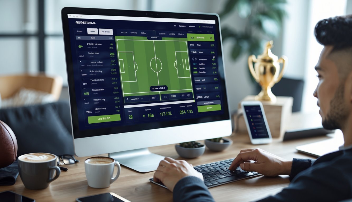 Seseorang menggunakan komputer dengan tampilan antarmuka taruhan bola online di meja kerja yang rapi, dengan bola sepak dan piala kecil di latar belakang.