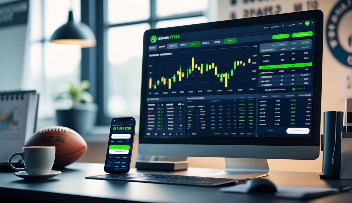 Sebuah ruang kerja modern dengan komputer menampilkan statistik taruhan olahraga, ponsel dengan aplikasi taruhan, dan dekorasi olahraga di latar belakang.