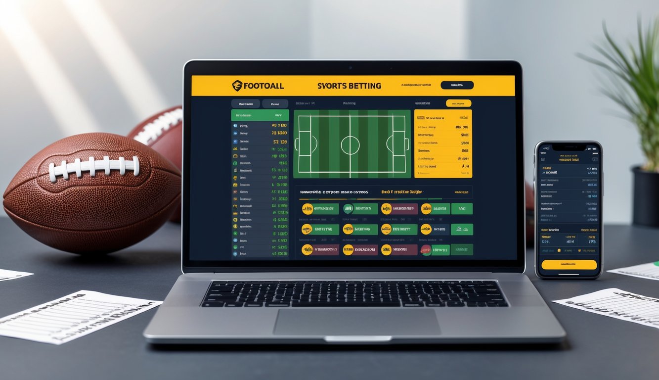 Sebuah laptop di meja kerja menampilkan situs taruhan olahraga dengan bola sepak di sampingnya dan ponsel yang menunjukkan skor pertandingan.