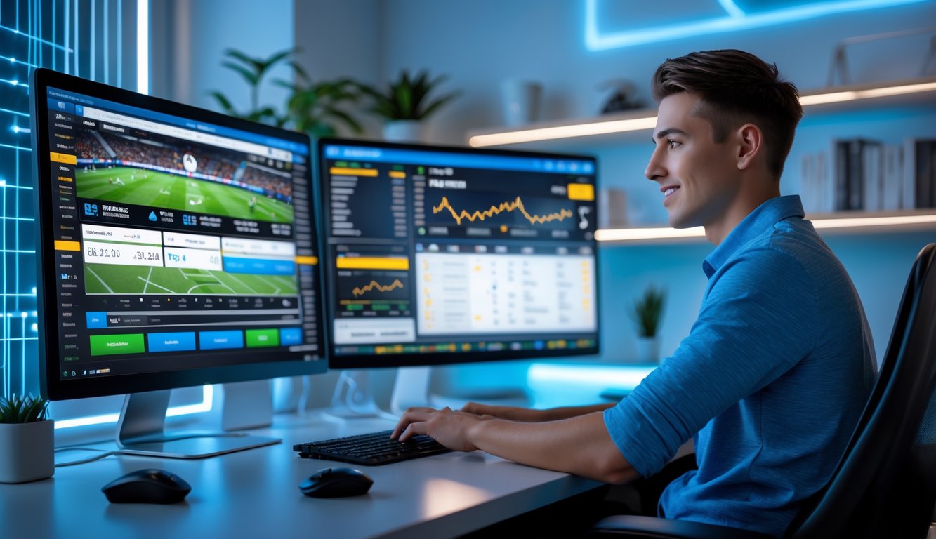 Seorang pria muda duduk di depan beberapa monitor komputer yang menampilkan pertandingan sepak bola dan grafik taruhan olahraga dalam ruangan kantor rumah yang modern dan terang.