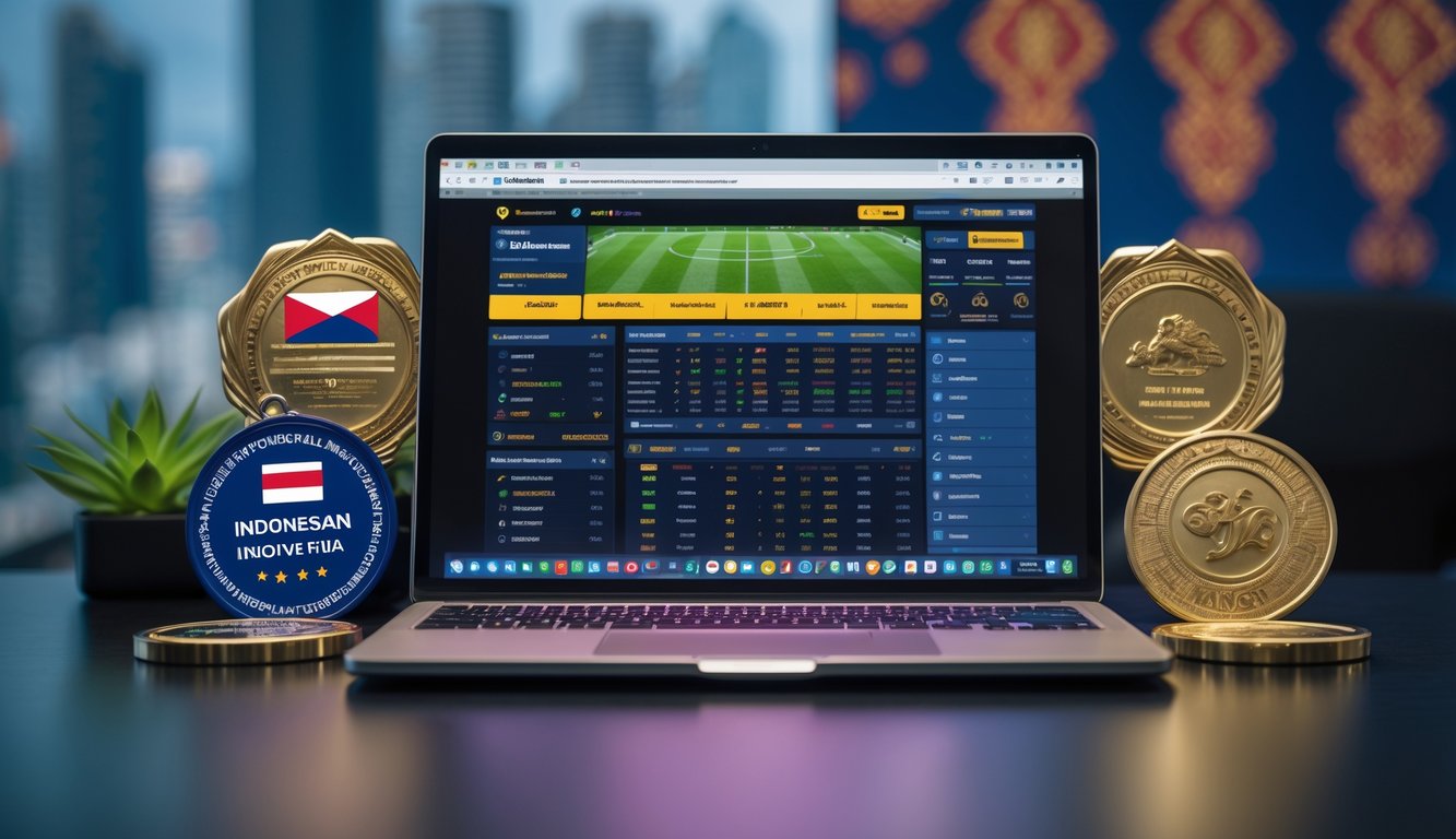 Seorang pengguna sedang menggunakan laptop dengan tampilan situs taruhan bola online resmi, dikelilingi oleh simbol kepercayaan dan elemen budaya Indonesia.