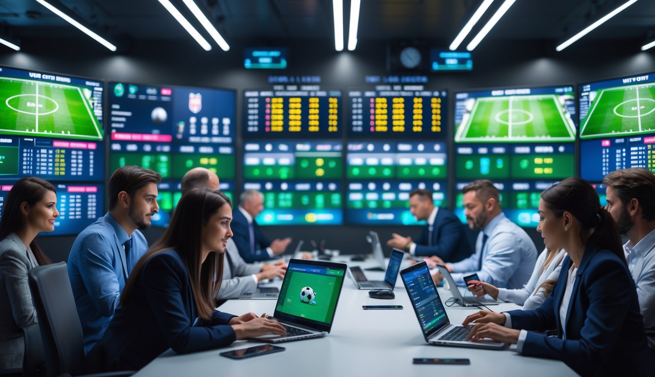 Sejumlah orang fokus menggunakan komputer dan ponsel untuk memasang taruhan sepak bola secara online dengan layar menampilkan pertandingan sepak bola langsung.