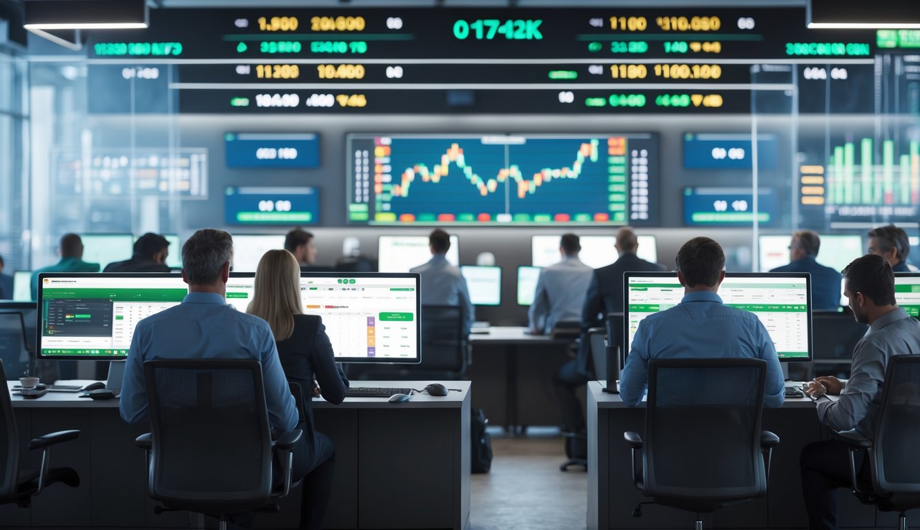 Beberapa orang dewasa fokus menggunakan komputer dengan tampilan pertandingan olahraga dan peluang taruhan langsung di kantor modern.