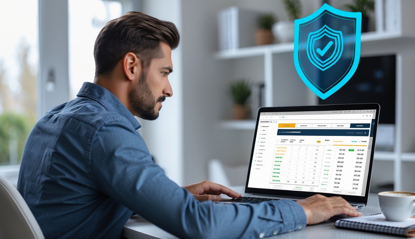 Seorang pria menggunakan laptop di ruang kerja modern dengan suasana tenang, fokus pada aktivitas taruhan bola online yang aman.