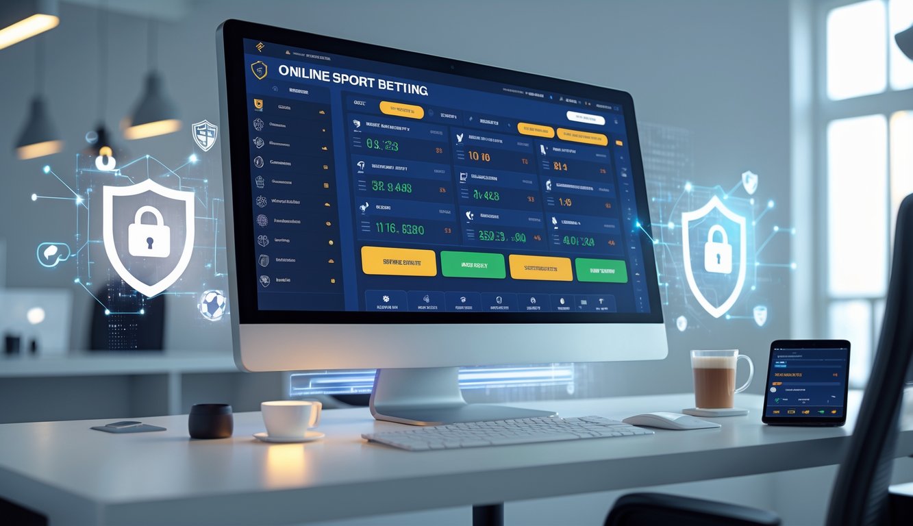 Sebuah ruang kerja modern dengan komputer menampilkan antarmuka taruhan sepak bola online dan elemen keamanan di sekitarnya.