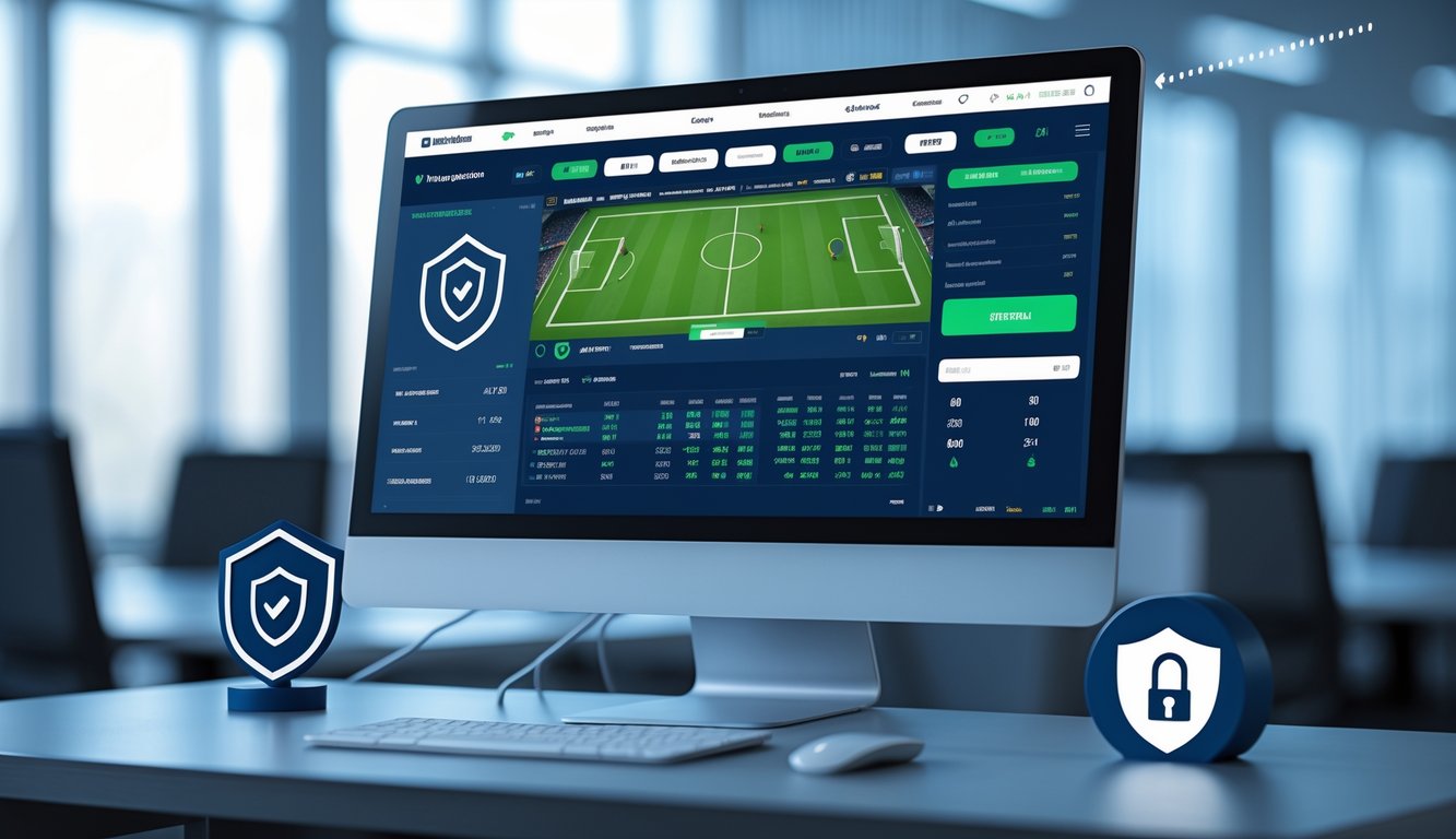 Seorang pria duduk di depan komputer dengan layar menampilkan statistik pertandingan sepak bola dan informasi taruhan online.