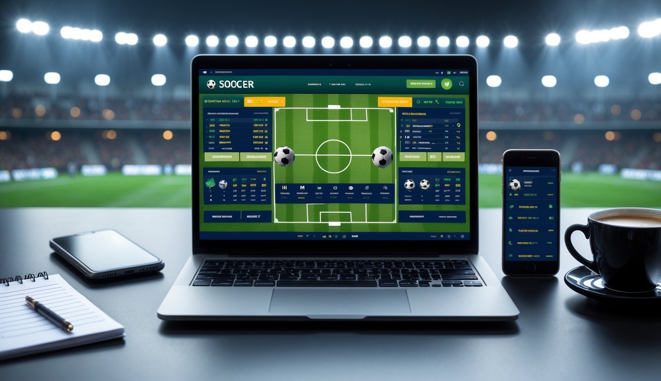 Seorang pria menggunakan laptop di meja kerja dengan layar menampilkan situs taruhan sepak bola online, dikelilingi oleh smartphone dan catatan, dengan latar belakang stadion sepak bola yang samar.