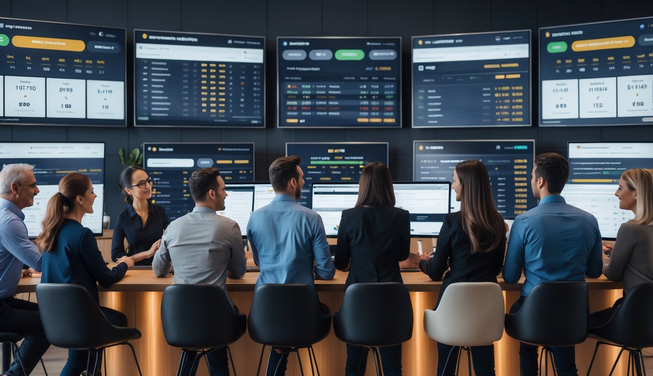 Beberapa orang dewasa sedang melihat layar besar yang menampilkan data taruhan olahraga secara online di ruangan modern.