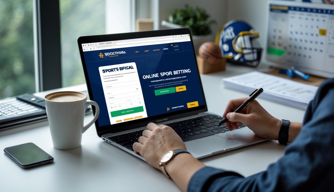 Seseorang sedang mendaftar di situs bandar bola online resmi menggunakan laptop di meja kerja yang rapi.