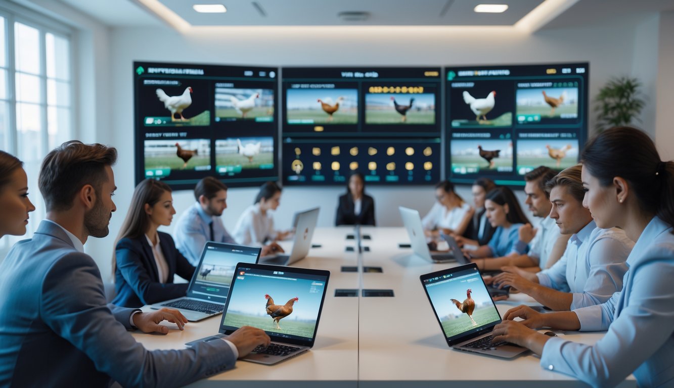 Orang-orang menggunakan perangkat digital untuk menonton pertandingan sabung ayam secara langsung di sebuah ruangan modern.