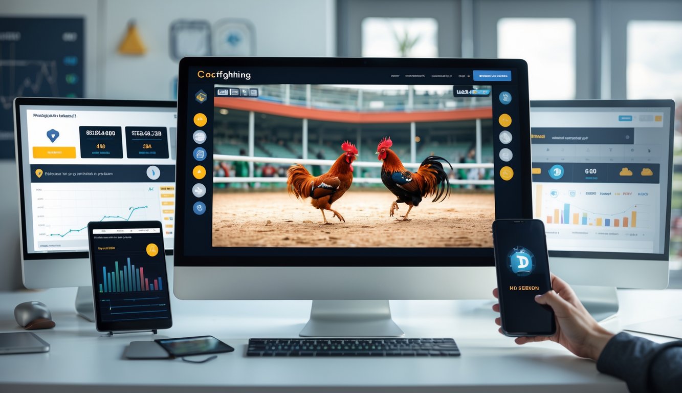 Seorang pengguna berinteraksi dengan platform taruhan sabung ayam online yang menampilkan video siaran langsung pertandingan sabung ayam di layar komputer dan perangkat mobile.
