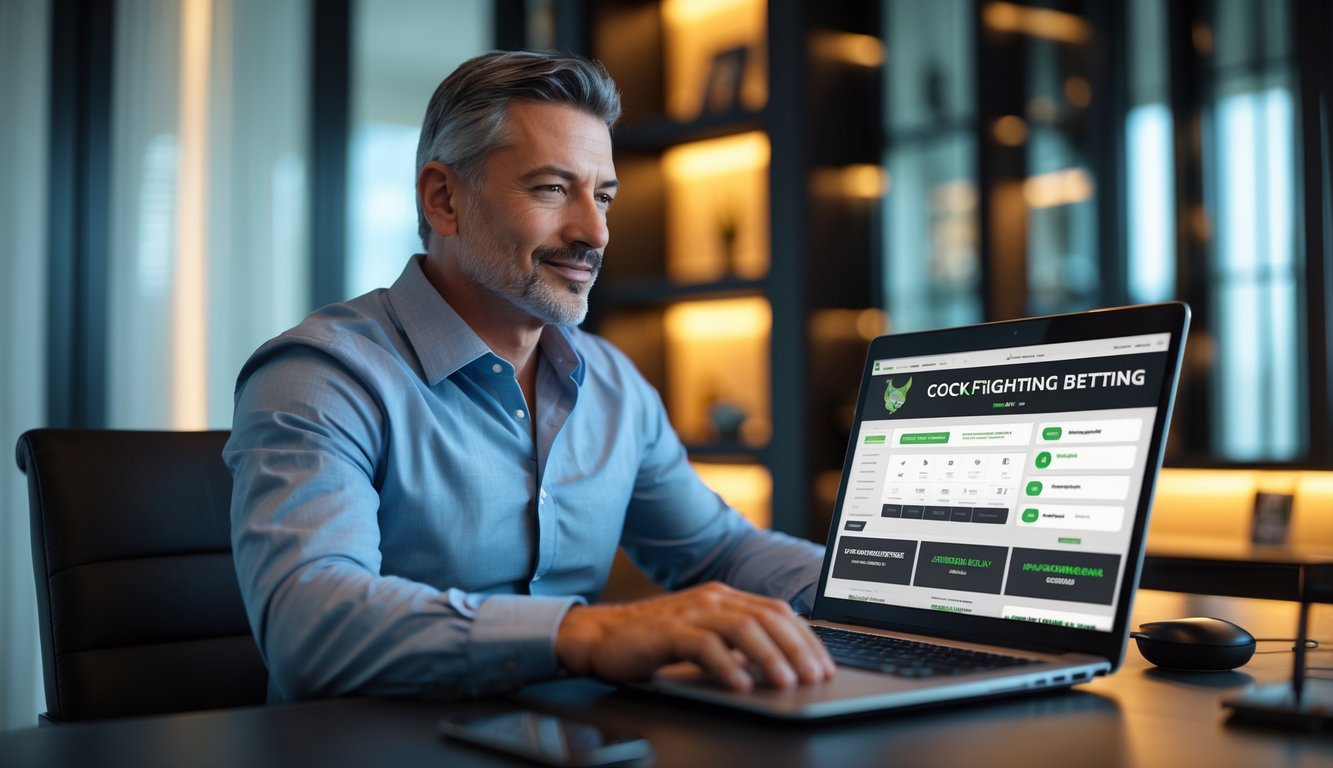 Seorang pria dewasa menggunakan laptop di ruang kerja modern dengan pencahayaan hangat, menunjukkan aktivitas taruhan sabung ayam online yang aman dan cepat.