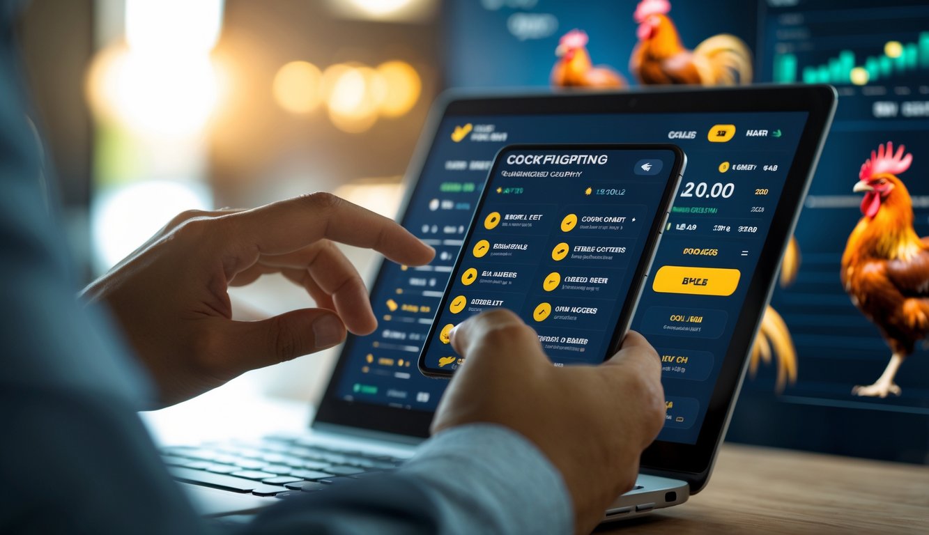 Tangan seseorang menggunakan ponsel dengan tampilan platform taruhan sabung ayam online dan latar belakang gambar ayam jago bertarung yang kabur.
