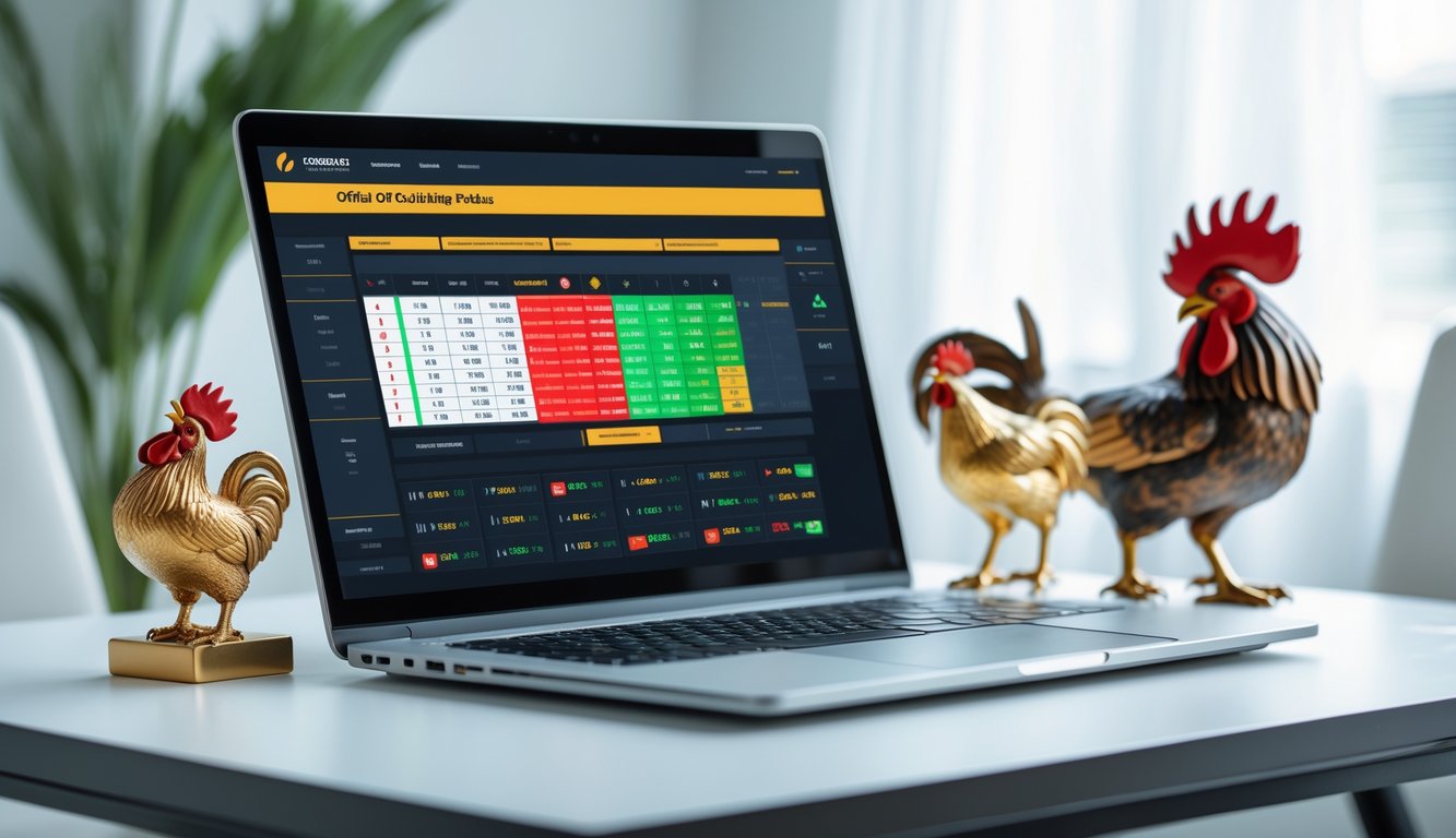 Meja kerja dengan laptop yang menampilkan platform taruhan online dan hiasan bulu ayam jago serta figur ayam jago kecil di sekitarnya.