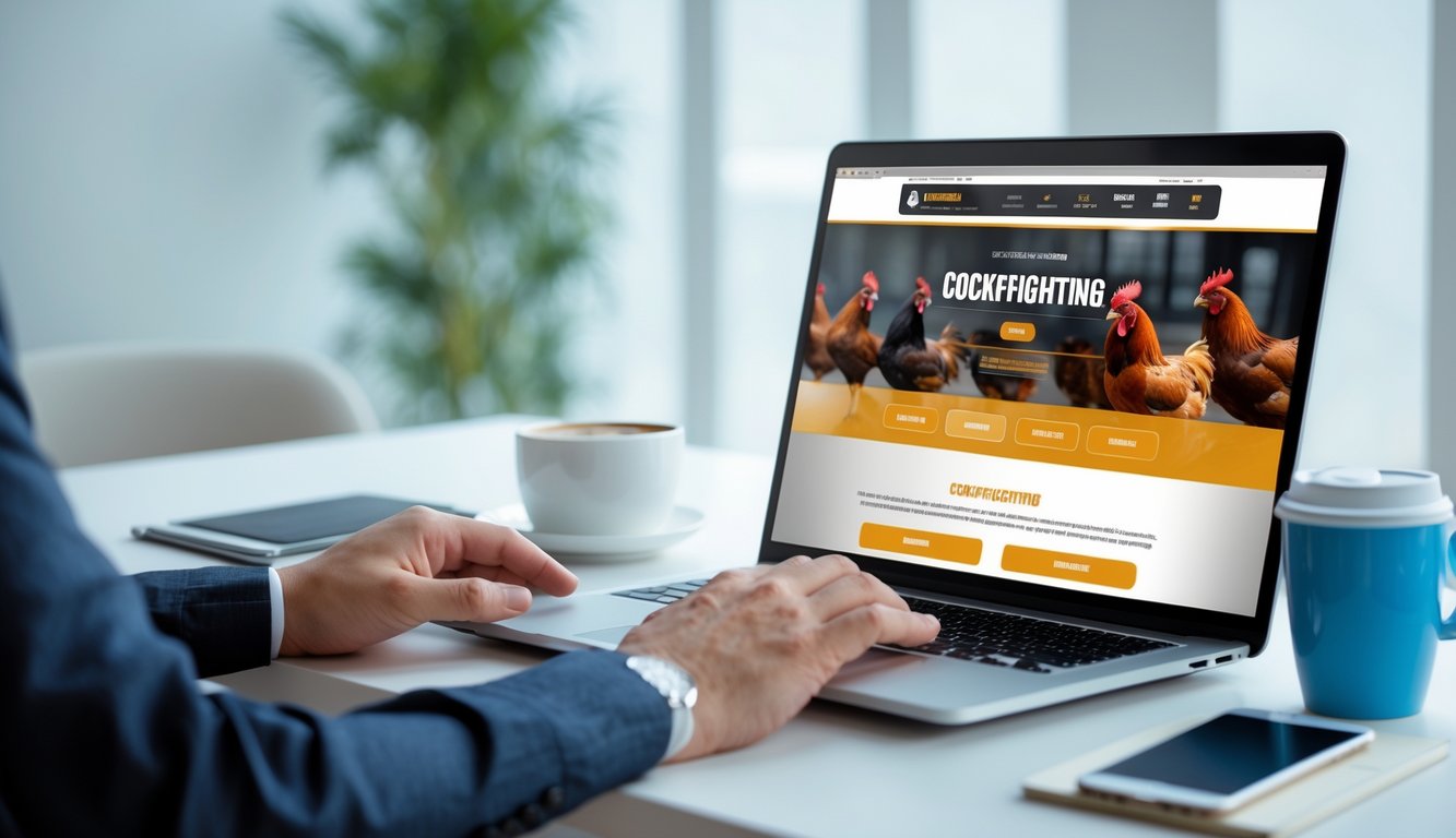 Seseorang menggunakan laptop di meja kerja dengan tampilan situs taruhan sabung ayam online, dikelilingi oleh smartphone dan cangkir kopi.