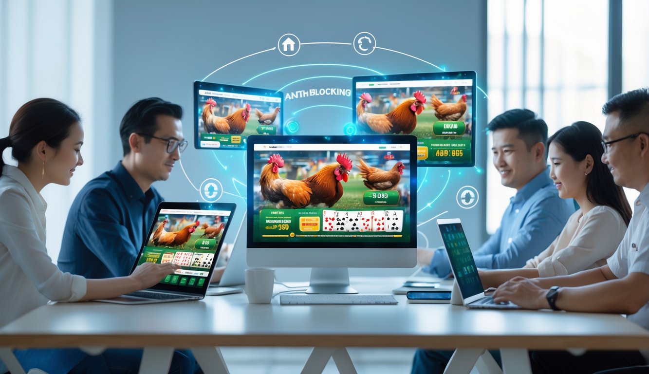 Beberapa orang dewasa menggunakan perangkat elektronik untuk bermain dan bertaruh pada permainan sabung ayam secara online di ruangan modern.