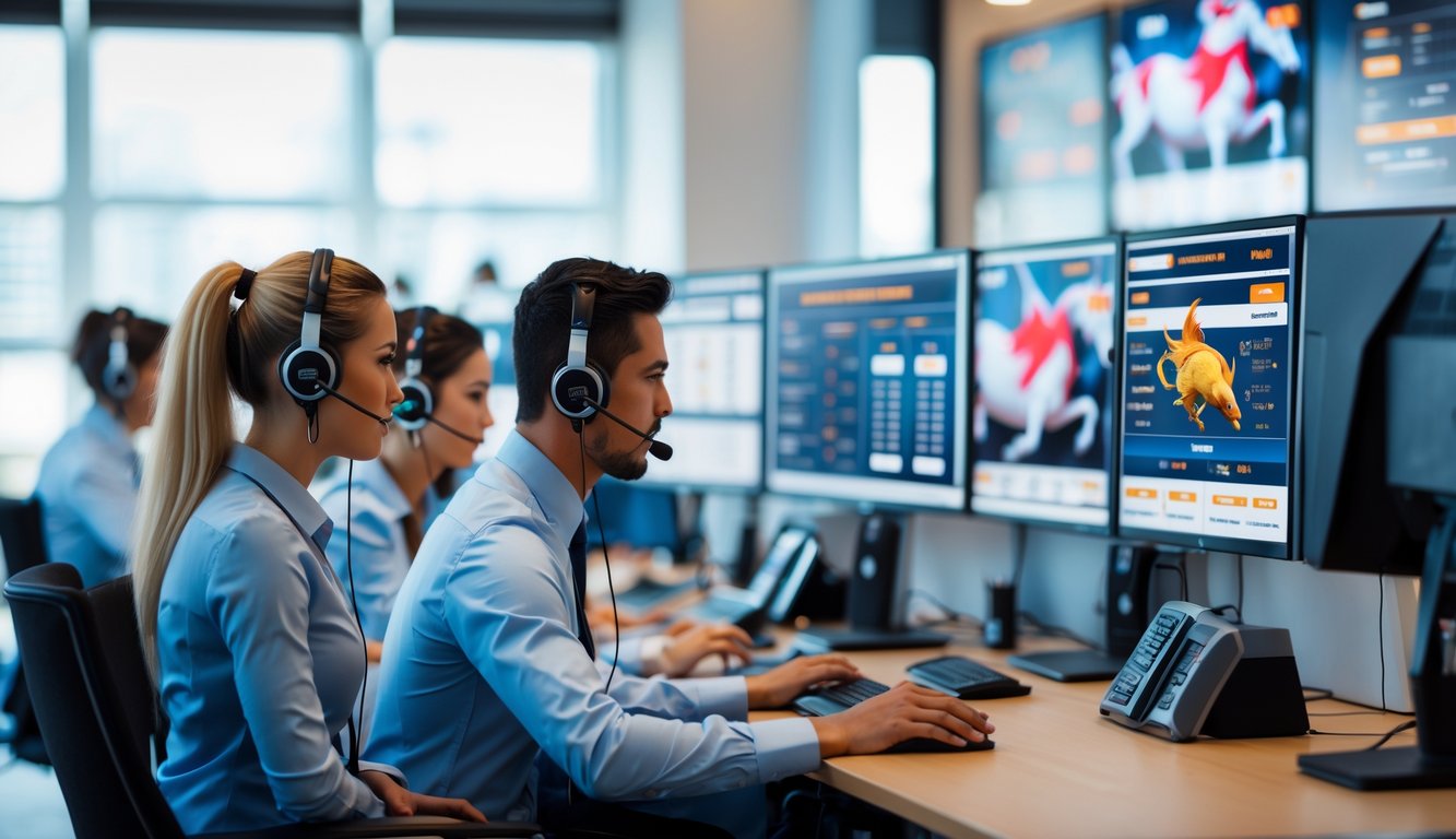 Seorang tim layanan pelanggan bekerja di kantor modern dengan headset dan komputer, membantu pelanggan secara online.