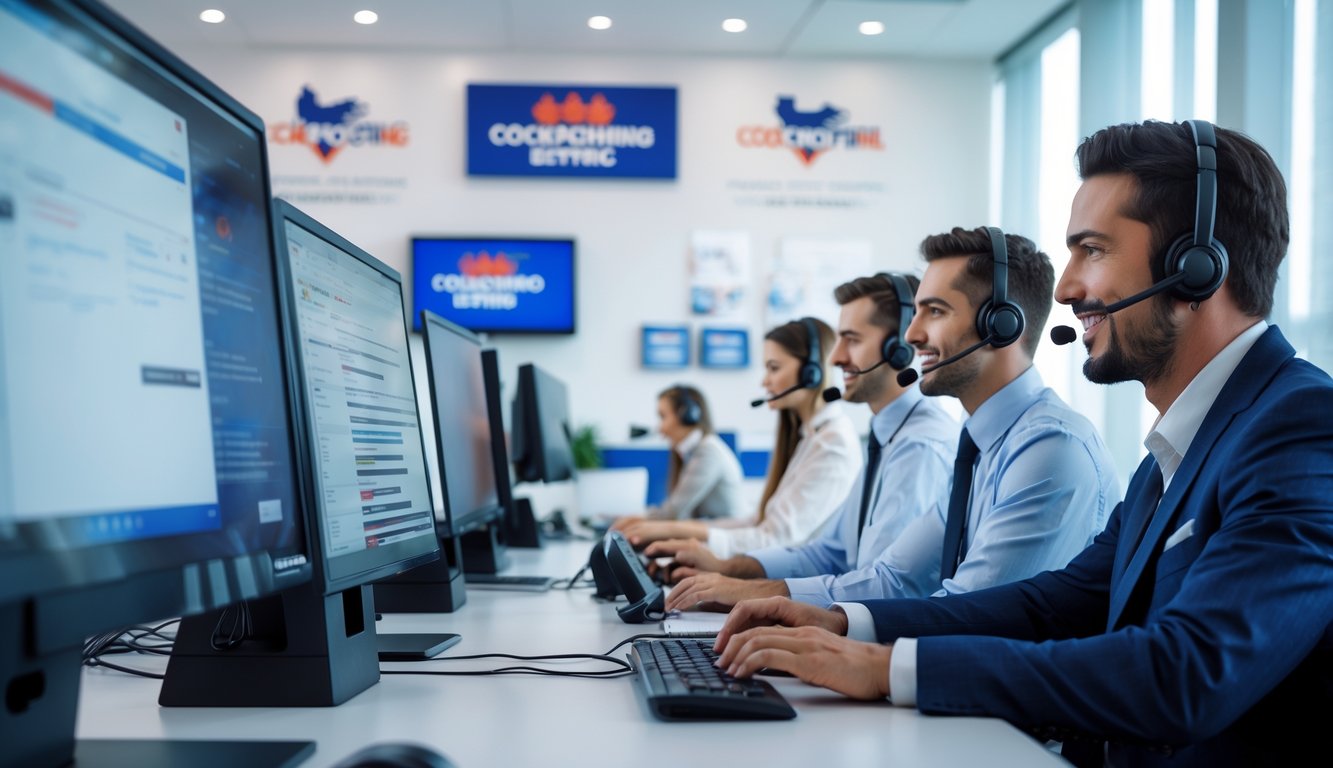 Tim layanan pelanggan yang sedang bekerja di kantor modern dengan komputer dan headset, memberikan dukungan sepanjang waktu.