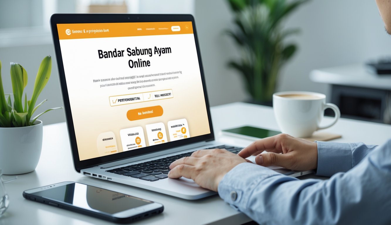 Seorang individu menggunakan laptop di meja kerja yang rapi dengan cahaya alami, fokus pada aktivitas online yang menunjukkan proses penarikan dana yang mudah.