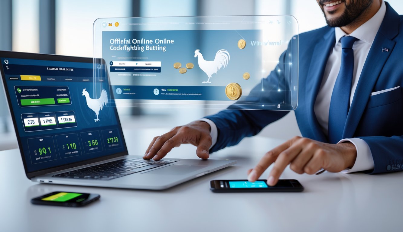 Seorang pria menggunakan laptop dan ponsel di ruang kantor yang terang, menunjukkan aktivitas transaksi online dengan latar belakang elemen digital yang menggambarkan proses taruhan dan penarikan dana.