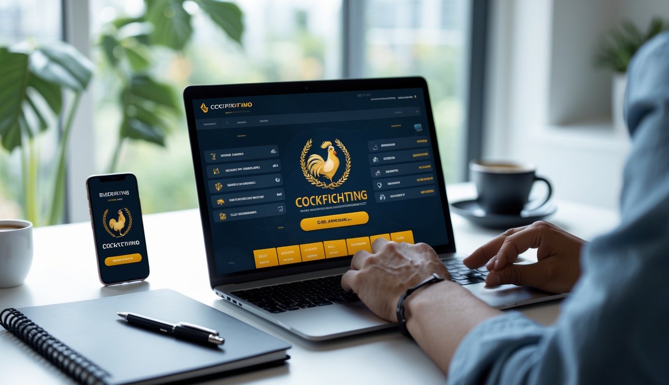 Seseorang menggunakan laptop di meja kerja dengan tampilan situs taruhan sabung ayam online dan ponsel di sampingnya.