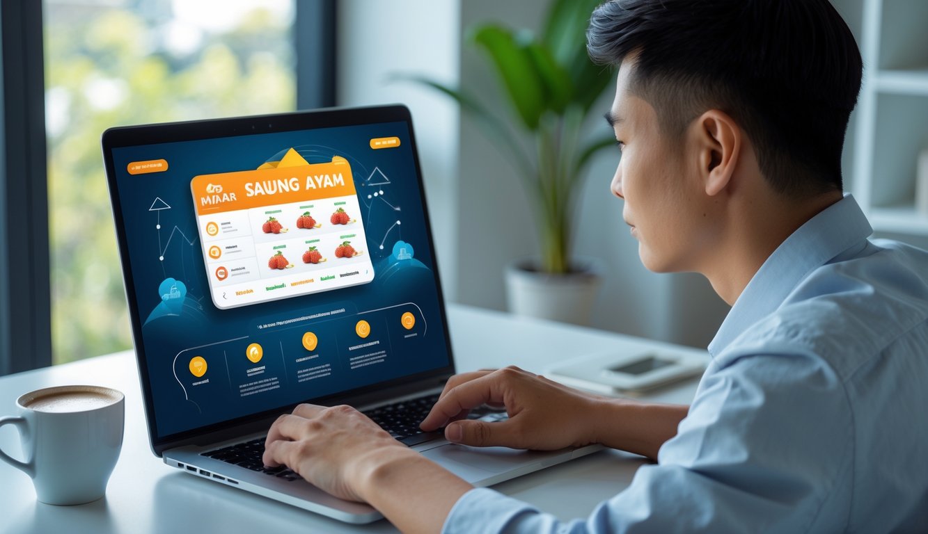Seorang pria muda sedang menggunakan laptop di meja kerja dengan tampilan platform taruhan sabung ayam online di layar.